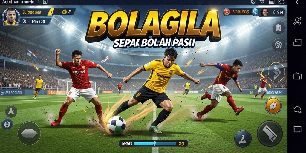 Gameplay BOLAGILA dengan aksi dramatis di lapangan sepak bola.
