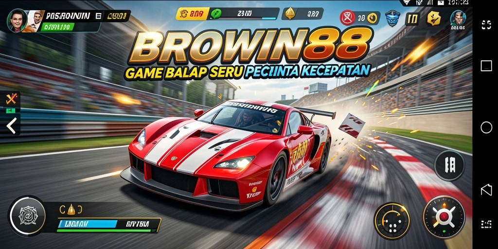 Screenshot BROWIN88 menunjukkan aksi balapan yang mendebarkan di lintasan.