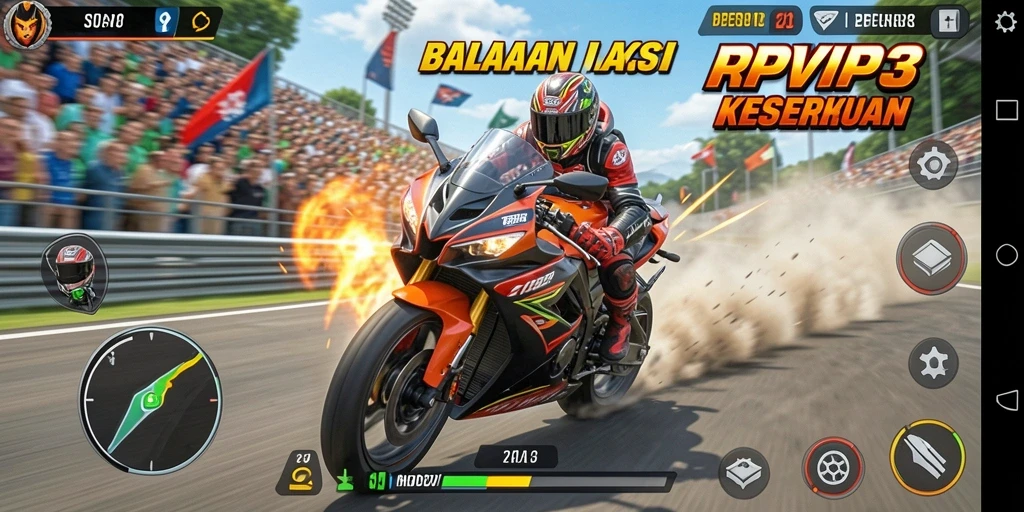 Tampilan utama gameplay RPVIP3 dengan aksi balapan motor yang mendebarkan.