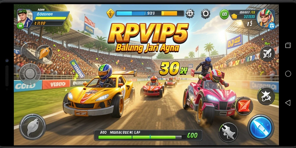 Tangkapan layar dari gameplay RPVIP5 yang menampilkan aksi balapan yang seru.