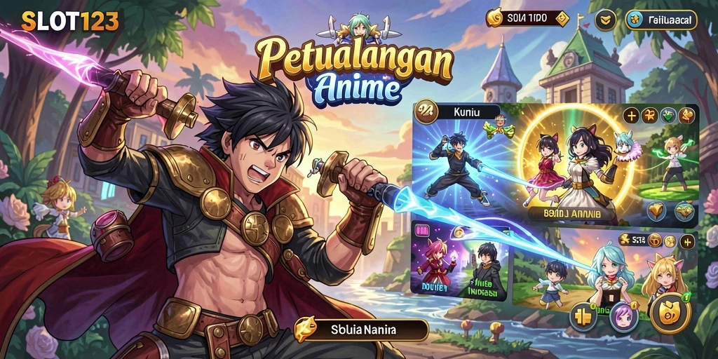 Tampilan gameplay SLOT123 yang menampilkan karakter anime yang dinamis.