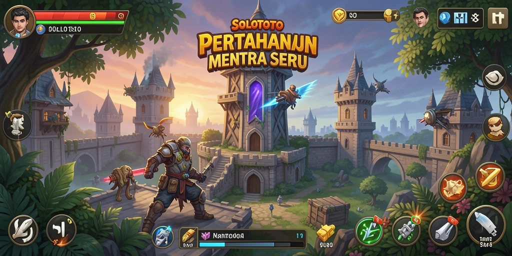 Tampilan gameplay SOLOTOTO yang menarik dengan strategi pertahanan menara.