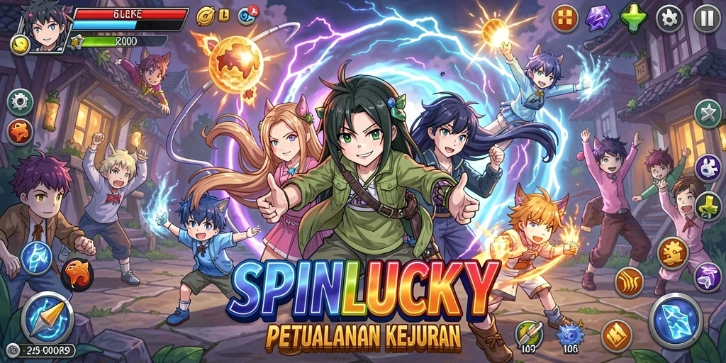 Screenshot SPINLUCKY menampilkan aksi seru karakter Anime.